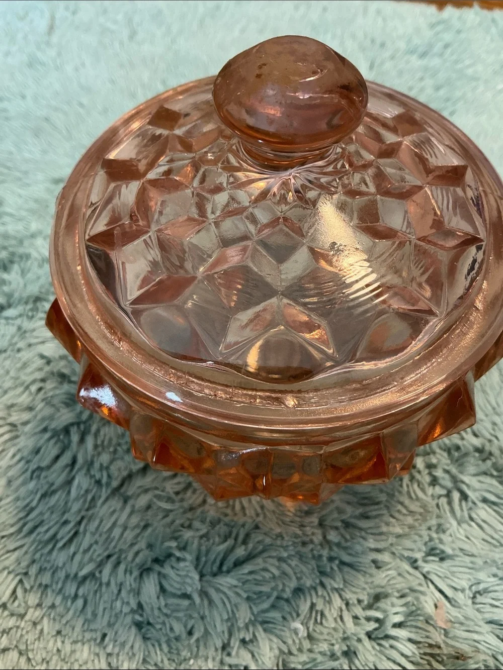Jeannette Glass Company Vintage Pink Cube Pattern Powder Jar W/Lid